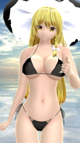 1girls 2023 3d beach belly_button bikini black_bikini blonde-haired_female breasts cleavage clouds female hat hati_yukkuri_mmd headwear human light-skinned_female light_skin long-haired_female looking_at_viewer marisa_kirisame mmd outdoors pointing_at_viewer sky smiling_at_viewer solo_female solo_focus swimsuit touhou water white_bowtie witch_hat yellow_eyes