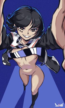 1girls black_hair blue_pubic_hair breasts derpixon female female_pubic_hair hi_res long_socks looking_at_viewer navel open_shirt original pubic_hair short_hair simple_background small_breasts smile solo villen_(derpixon) watermark