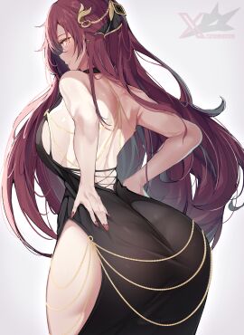 1girls ass backless_outfit big_ass big_breasts breasts eden_(honkai_impact) female hand_on_ass hand_on_own_ass hand_on_own_hip huge_ass long_hair looking_at_viewer mommy solo