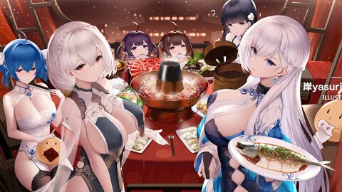 6+girls 6girls ahoge ass azur_lane bare_shoulders belfast_(azur_lane) between_breasts big_ass big_breasts black_hair blue_eyes blue_hair blush braid breast_curtains breasts brown_eyes brown_hair chain china_dress chinese_clothes chopsticks cleavage cleavage_cutout closed_mouth clothing_cutout dress dumpling earrings female flower folding_fan food french_braid game garter_straps gloves group hair_between_eyes hair_flower hair_ornament half_gloves hand_fan holding holding_chopsticks holding_fan huge_breasts indoors jewelry large_breasts long_hair looking_at_viewer multiple_females multiple_girls ning_hai_(azur_lane) official_alternate_costume official_art open_mouth pelvic_curtain ping_hai_(azur_lane) plate purple_eyes purple_hair red_eyes revealing_clothes see-through short_hair side_braid side_slit sirius_(azur_lane) sitting smile st._louis_(azur_lane) table thighhighs twintails white_dress white_gloves white_hair white_thighhighs yat_sen_(azur_lane)