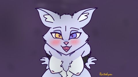 absurd_res anthro blush breasts canid canine female fox fur heart_eyes heart_symbol heterochromia hi_res mammal nipples nude nude_female open_mouth pink_body pink_fur purple_body solo teeth tongue