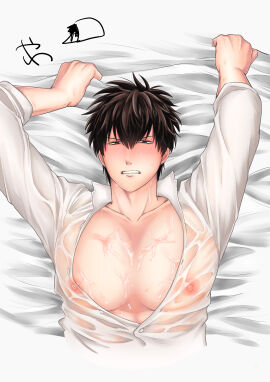 ambiguous_fluids big_pecs black_hair blue_eyes blush clenched_teeth dress_shirt gintama hijikata_toshiro looking_at_viewer male male_only nipples nipples_visible_through_clothing pecs see-through_clothing sheet_grab solo upper_body wet_clothes wet_skin yawayawa