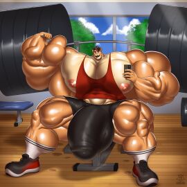anthro balls bench_press bodybuilder cerulien furry gym hung hyper hyper_balls hyper_cock hyper_genitalia hyper_penis hyper_testicles legs_apart male male_only mirror mirror_selfie muscles muscular muscular_arms muscular_male nipples penis regnar spread_legs testicles