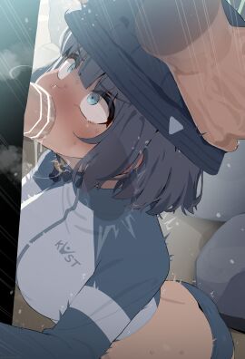 1boy absurdres bar_censor black_hair black_hat blue_archive blue_eyes blush bucket_hat censored fellatio female hands_on_another's_head hat highres irrumatio male midriff mizumizuni official_alternate_costume oral penis rash_guard saki_(blue_archive) saki_(swimsuit)_(blue_archive) short_hair solo_focus straight sweat variant_set