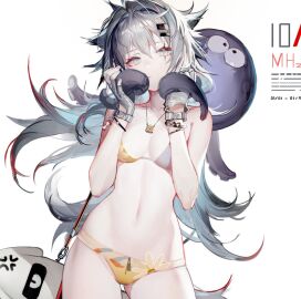 arknights bikini cowboy_shot female fingerless_gloves hairclip lappland_(arknights) liduke necklace octopus pointy_chin scar swimsuit wolf_girl