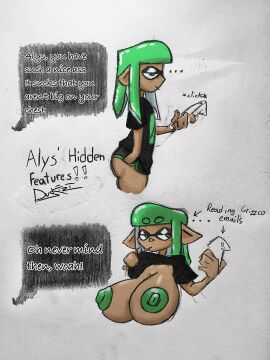 1girls alys_(dus) ass big_ass big_breasts big_nipples breast_expansion breasts dialogue dialogue_box dus duskizi female flashing_breasts green_eyes green_hair hammerspace inkling inkling_girl nintendo original original_character phone shirt shirt_lift shorts solo solo_female splatoon text