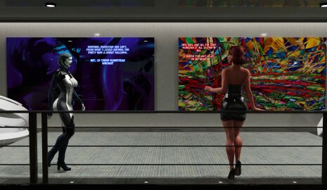 2girls 3d bodysuit commander_shepard dress edi elmeistro female female_focus female_only femdom femshep green_eyes mass_effect mass_effect_3 red_hair