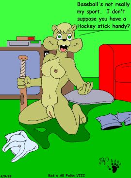 amanda_beaver anthro baseball_bat bat_(object) beaver breasts brown_body brown_fur buckteeth clothing dialogue discarded_clothing female fur genitals green_background green_eyes kthanid_(artist) mammal nipples nude open_mouth pussy rodent rutwell_forest simple_background solo teeth toony