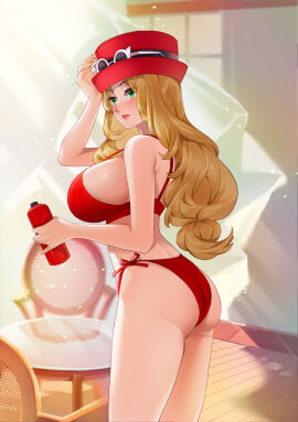 1girls ass bikini breasts brown_hair chairs female green_eyes hat holding_water_bottle large_breasts lipstick long_hair makeup midriff nintendo painted_fingernails pokemon pokemon_xy red_bikini red_lips red_lipstick red_swimsuit serena_(pokemon) serena_(pokemon_games) side-tie_bikini side-tie_swimsuit sumisumii sunglasses sunglasses_on_hat swimsuit table water_bottle