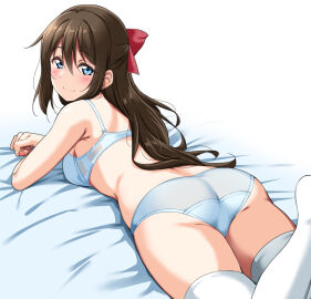 1girls armpit_crease ass back bare_arms bare_shoulders bed_sheet blue_bra blue_eyes blue_panties blush bow bra breasts brown_hair closed_mouth commentary_request cowboy_shot female fingernails foot_up from_behind hair_between_eyes hairbow half_updo highres long_hair looking_at_viewer looking_back love_live! love_live!_nijigasaki_high_school_idol_club lying medium_breasts nail_polish no_shoes on_stomach ousaka_shizuku panties red_bow red_nails smile solo thighhighs underwear underwear_only wavy_hair white_background white_thighhighs yopparai_oni