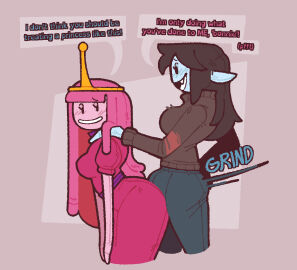 1futa 1girls 2025 adventure_time alternate_version_at_source areolae big_breasts black_hair blush breasts bulge clothed clothing dialogue dry_humping duo english_text female flustered fully_clothed futa_on_female futanari grinding humanoid intersex lesbian long_hair marceline mascot_costume panties penis princess_bubblegum simple_eyes standing sweatdrop text trans_woman transfem x-ray xenopavilia