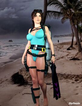 1girls 3d artist_name beach blue_one-piece_swimsuit brown_hair female highleg_swimsuit lara_croft lara_croft_(survivor) one-piece_swimsuit shytimide tomb_raider tomb_raider_(survivor)