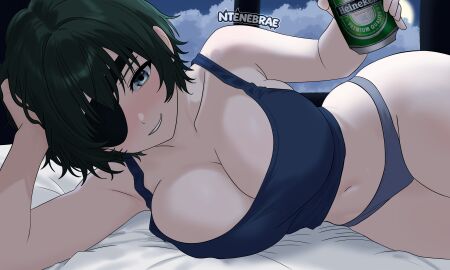 1girls beer beer_can big_breasts black_eyes bottomwear breast_focus breasts camisole chainsaw_man cleavage dark_green_hair eyepatch eyewear female female_only grey_panties hair hand_on_head heineken himeno_(chainsaw_man) hips holding_beer holding_drink holding_object huge_breasts ntenebrae on_bed on_side one_eye_obstructed panties short_hair smile solo solo_female thick_thighs thighs topwear