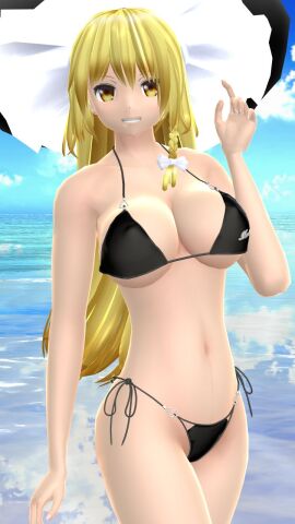 1girls 2023 3d beach belly_button bikini black_bikini blonde-haired_female blue_sky breasts cleavage clouds female hat hati_yukkuri_mmd headwear human light-skinned_female light_skin long-haired_female looking_at_viewer marisa_kirisame mmd one_arm_up one_finger_up outdoors sky smiling_at_viewer solo_female solo_focus swimsuit tied_hair touhou waist water white_bowtie witch_hat yellow_eyes