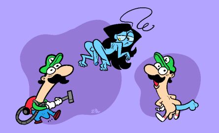 1boy 1futa anal anal_sex ass balls black_hair blue_body blue_overalls blue_penis boner cartoony clothed_male_nude_male clothing erection facial_hair floating futa/male futanari genitals ghost gloves green_hat green_shirt hat holding_object humanoid humanoid_male intersex light-skinned_male light_skin long_hair long_neck luigi luigi's_mansion male mario_(series) mature mature_male moustache nintendo nude nude_male open_mouth overalls penis penis_in_anus purple_background sex shirt short_hair tanya_(zaribot) testicles white_gloves zaribot