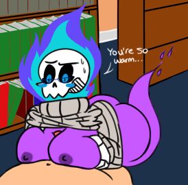 2017 areola ass big_ass big_breasts big_butt black_sclera blue_eyes blush bone book breast_play breasts brown_clothing brown_sweater brown_topwear clothing digital_media_(artwork) duo english_text eyewear female female_focus fire floating genitals ghost ghost_tail glasses hand_on_breast hand_on_own_breast hi_res humanoid inside interspecies library looking_at_another male male/female mary_(sketchyboi08) nipples paizuri penis purple_areola purple_body purple_nipples purple_tail roccorox sex skull skull_head solo_focus spirit sweater tail tan_body tan_skin text thick_thighs three-quarter_view titfuck titjob topwear