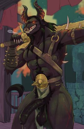 1boy abs absurd_res armpit_hair balls big_penis bodily_fluids body_hair bottomwear bottomwear_aside bovid bovine claws clothing clothing_aside dead_by_daylight digital_drawing_(artwork) digital_media_(artwork) dripping european_mythology facial_piercing finger_claws foreskin fur genital_fluids genitals greek_mythology hair half-erect happy_trail hi_res horn humanoid_genitalia humanoid_penis hybrid loincloth loincloth_aside looking_at_viewer male male_only mammal minotaur minotaur_(dead_by_daylight) mythology nightmare_husbando nose_piercing nose_ring oni penis piercing precum precum_drip pubes public_domain ring_piercing saggy_balls solo standing tail teeth twistedteeth uncircumcised unretracted_foreskin weapon