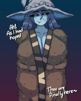 breasts coat dialogue elden_ring female female_focus female_only fromsoftware huge_breasts long_hair looking_at_viewer ranni_the_witch sexualizer souls_(from_software) text thick_legs thick_thighs witch_costume witch_hat