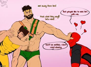 3boys arm_hug bara blush bulge deadpool deadpool_&_wolverine_(2024) english english_text flaccid gay hand_on_another's_face heart hercules_(marvel) james_howlett jealous male male_only male_pubic_hair marvel marvel_comics muscular muscular_male pecs penis pubic_hair text tobybara wade_wilson wolverine_(x-men) yaoi