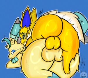 anthro ass backsack balls ballsack big_ass big_balls big_butt blush bodily bodily_fluids bubble_ass bubble_butt doggy_style dominant dominant_feral dominant_male duo eeveelution eyewear facial_markings female feral from_behind_position fur genitals glasses glistening glistening_body head_markings hi_res humanoid humanoid_genitalia jared_(likethisevenmatters) looking_back male male/female male/male male_penetrated male_penetrating male_penetrating_male markings miyang miyang_draws! motion_lines multicolored_body multicolored_fur nintendo penetration pokemon pokemon_(species) rear_view sex signature size_difference sweat tail yellow_body yellow_fur