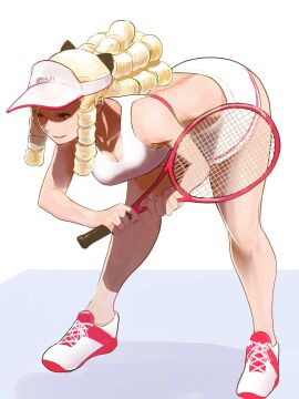 2d artist_request athletic athletic_female blonde_hair breasts busty drill_hair female female_focus female_only hourglass_figure karin_kanzuki long_hair street_fighter tagme tennis_racket tennis_uniform wide_hips