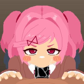 animated blowjob blush censored deepthroat doki_doki_literature_club fellatio female gif hechora looking_at_viewer natsuki_(doki_doki_literature_club) oral pink_hair pixel_animation pixel_art school_uniform tagme