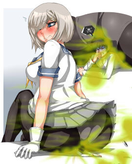 1boy 1girls admiral_(kantai_collection) ass big_ass big_butt blue_eyes blush fart fart_cloud fart_fetish farting female giantess gloves grey_hair grey_skirt hairclip hamakaze_(kantai_collection) kantai_collection lazei leggings male one_eye_closed panties_visible_through_clothing rear_view shoulder_length_hair sitting sitting_on_person skirt smaller_male tears viewed_from_behind white_gloves