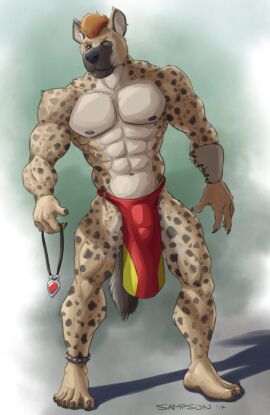 2017 5_fingers 5_toes abs absurd_res anklet anthro armor big_chest big_muscles black_claws black_nipples black_nose black_pawpads bottomwear bracers broad_shoulders bulge claws clothing detailed_bulge digital_drawing_(artwork) digital_media_(artwork) feet finger_claws fingers fluffy fluffy_tail fur genital_outline genitals green_eyes head_tuft hi_res holding_amulet holding_jewelry holding_necklace holding_object humanoid_feet humanoid_genitalia humanoid_penis hyena jewelry loincloth looking_at_viewer male mammal muscles muscular muscular_anthro muscular_male navel necklace nipples pawpads pecs pendant penis penis_outline plantigrade sampsonwoof shaded signature simple_background solo spots spotted_hyena standing story story_in_description studded_anklet studded_jewelry studs tail tan_body tan_fur toe_claws toes tuft