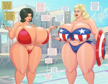 2girls american_flag_bikini ass belly big_ass big_breasts bikini bimbo bimbo_body black_hair blonde_hair blue_eyes blue_eyeshadow breasts breasts_bigger_than_head brown_eyeshadow captain_america cleavage cleavage_overflow dialogue ear_piercing female female_only genderswap genderswap_(mtf) hi_res highres huge_breasts iron_man large_breasts martini martini_glass marvel marvel_comics milf mtf_crossgender navel pool poolside red_lipstick rule_63 saturnxart speech_bubble steve_rogers swimsuit thick_thighs tony_stark wide_hips
