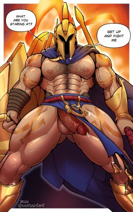 1boy abs alternate_version_available armor armored armored_boots armored_male balls bara biceps big_balls big_muscles big_pecs big_penis blue_cape blue_loincloth body_hair cape daddy dialogue dilf english_dialogue english_text flaccid flaccid_penis hairy hairy_abs hairy_chest hairy_male hairy_stomach hanging_penis helmet human human_only league_of_legends loincloth loincloth_aside looking_at_viewer looking_down low-angle_view male male_focus male_nipples male_only masculine_male mature mature_male muscles muscular muscular_chest muscular_male muscular_thighs nipples pantheon pecs pectorals penis precum precum_drip pubic_hair riot_games shield six_pack solo solo_male tattoos text thick_thighs veiny_muscles veiny_penis wolfshirtart worm's-eye_view yaoi