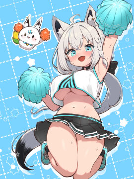 :d ahoge alternate_costume animal_ear_fluff animal_ears arm_up armpits black_skirt blue_background blue_eyes blush braid breasts cheerleader commentary_request female fox_ears fox_girl fox_tail highres hololive hololive_gamers hololive_gen_1 hololive_japan jumping kani_bonara large_breasts long_hair looking_at_viewer low_ponytail microskirt navel pleated_skirt pom_pom_(cheerleading) shirakami_fubuki side_braid skirt smile solo stomach sukonbu_(shirakami_fubuki) tail underboob virtual_youtuber white_hair