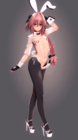 1boy 2d 9hj6u astolfo_(fate) bowtie bowtie_collar braided_ponytail cock_sock erect_penis fate/grand_order fate_(series) femboy femboy_only feminine_male fingerless_gloves high_heels light-skinned_femboy light-skinned_male light_skin male male_only open_toe_heels open_toe_shoes pasties penis penis_sheath pink_hair ponytail purple_eyes reverse_bunnysuit solo trap