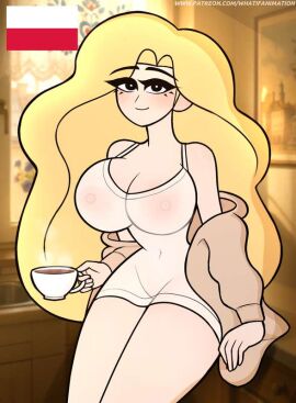 breasts coffee female morning national_personification original patreon patreon_link patreon_url poland_(what_if_animation) polish_female polish_flag see-through_clothing smile what_if_animation_(artist) zofia_(what_if_animation)