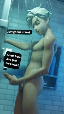 3d animated asking_for_help completely_nude fortnite gay looking_at_viewer male_only masturbation nude_male orin_(fortnite) pale_skin shower sound tagme video white_hair