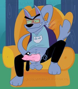 2025 animal_genitalia animal_penis anthro balls black_nose bottomwear canid canine canine_genitalia canine_penis canis clothing erection eyewear furniture genitals glasses grey_body hi_res male male_only mammal musk pants penis plant rockolandia shirt sitting sofa solo srirachamander topwear tree wolf