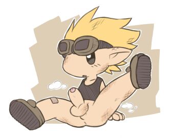 2023 anus balls bandage_on_knee black_clothing black_shirt black_tank_top black_topwear blonde_hair blush bottomless clothed clothing dirty elf erection eyewear eyewear_on_head footwear genitals goggles goggles_on_head hair humanoid long_ears male minish oob open_mouth penis picori shirt skinny solo solo_male spread_legs spreading tan_body tank_top topwear what young