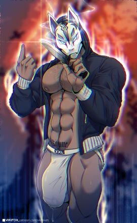 1boy blurry_background drift_(fortnite) fortnite fortnite:_battle_royale glowing_background glowing_eyes hyper_bulge hyper_penis jockstrap knife male male_only mask masked masked_male muscular muscular_male nipples penis piercing solo tattoo tattoos vikifox_(artist)