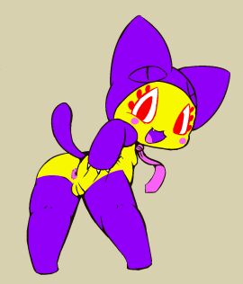 anus ass bust-a-move claws clothing domestic_cat eyelashes felid feline felis female furry genitals hand_on_ass hand_on_butt headgear headwear looking_at_viewer mammal mog_(puzzle_bobble) necktie pink_anus pink_cheeks pink_necktie pink_tongue presenting presenting_hindquarters purple_arms purple_clothing purple_headgear purple_headwear purple_legs purple_mouth purple_tail pussy puzzle_bobble red_eyelashes red_eyes smile smiling_at_viewer solo tail tongue vono yellow_body yellow_butt yellow_claws yellow_head yellow_pussy