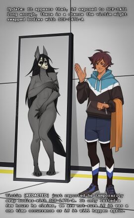 1boy 1girls abs animal_tail anthro body body_swap breasts brown_hair clothed clothed_male_nude_female confused confusion covering covering_breasts covering_crotch dark-skinned_male dark_skin female furry grey_body human human_on_anthro humiliation jacket long_hair male male_human/female_anthro male_on_anthro mirror navel nude nude_female pulred scp-1471 scp-1471-a scp_foundation shorts skull_head socks straight tail trapped wendigo wolf wolf_ears wolf_girl wolf_tail