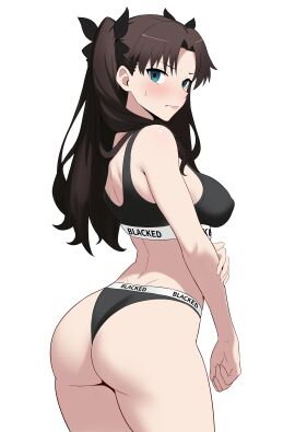 1girls ass big_ass big_breasts big_butt black_panties blacked blacked_clothing blue_eyes blush bra breasts brown_hair butt embarrassed fate/grand_order fate/stay_night fate_(series) female hair_ribbon looking_at_viewer looking_back_at_viewer lord_dante nervous nice_ass ntr panties qos qos_clothing sweat tohsaka_rin