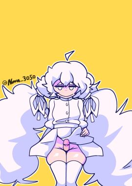 1girls ahoge button_down_shirt charlotte_wiltshire clothed eyes_half_open female female_protagonist fluffy_hair fully_clothed hello_charlotte light-skinned_female light-skinned_male light_skin looking_at_viewer male no_panties nova_3050 penis penis_between_thighs q84 signature simple_background skindentation smile smiling tagme thigh_sex thighhighs thighjob twintails very_long_hair white_eyes white_hair