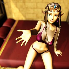 1girls 3d arm_support bed bedroom big_breasts bikini blue_eyes braid breasts brown_hair busty elf female female_only large_breasts legs long_hair looking_at_viewer outstretched_arm pointy_ears princess princess_zelda purple_bikini smile solo the_legend_of_zelda the_legend_of_zelda:_twilight_princess thighs twilight_princess virtualblueam2 voluptuous zelda_(twilight_princess)