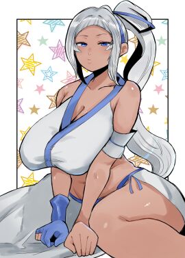 1girls alternate_breast_size arm_support big_breasts bikini blue_eyes breasts busty cleavage dark-skinned_female dark_skin female female_only fingerless_gloves grey_hair hair_ribbon hi_res huge_breasts large_breasts legs majikina_mina navel ponytail samurai_shodown sarong sitting snk solo swimsuit thighs very_long_hair voluptuous white_bikini