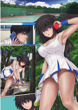 1boy 1girls armpits athletic athletic_female big_breasts black_hair breasts cleavage cyclone female female_focus full_color fully_clothed low_twintails male midareuchi original panties pantyshot pantyshot_(standing) phone phone_call purple_eyes revealing_clothes skirt sweat sweatdrop tennis_uniform