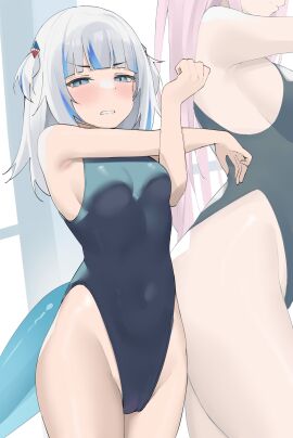 2girls arm_up blue_eyes blue_hair blue_swimsuit blush breasts byeon_dha cameltoe female female_only gawr_gura hairclip hololive hololive_english hololive_myth large_breasts long_hair mori_calliope pink_hair pussy shark_girl shark_tail short_hair small_breasts swimsuit tail twintails two-tone_hair virtual_youtuber vtuber white_hair