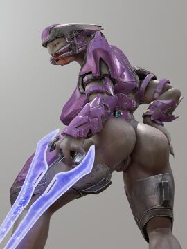 3d_(artwork) absurd_res alien anthro armor ass breasts digital_media_(artwork) energy_sword female genitals grey_background halo_(series) hand_on_hip hi_res holding_melee_weapon holding_object holding_sword holding_weapon looking_at_viewer melee_weapon microsoft nude open_mouth plaisehulder sangheili simple_background solo standing sword vulva weapon xbox_game_studios