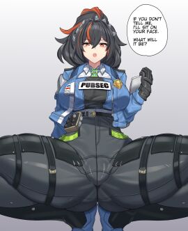 :o belt black_belt black_gloves black_hair black_vest blue_footwear blue_jacket blue_vest breasts checkered_necktie clothes_writing collared_shirt commentary crotch_focus english_text female gloves green_necktie hair_between_eyes high-waist_pants highres holding holding_tablet_pc imminent_facesitting jacket large_breasts long_hair looking_at_viewer metal_hairband multicolored_hair necktie open_clothes open_jacket open_mouth orange_eyes pants police police_badge police_uniform policewoman ponytail red_hair shirt shoes sidelocks simple_background skindentation solo speech_bubble spread_legs squatting streaked_hair tablet_pc teeth tetsu_chokoreto threatening_viewer tight_clothes tight_pants two-tone_vest uniform upper_teeth vest white_background white_shirt zenless_zone_zero zhu_yuan
