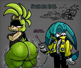 afrosoricid anthro ass big_ass big_butt black_bottomwear black_clothing black_nose black_pants black_shirt black_topwear blue_body blue_eyes blue_fur blue_hair blue_inner_ear blue_tail bodily_fluids bottomless bottomwear canid canine charging_device cheek_tuft clenched_teeth clothed clothing countershading device dipstick_ears dipstick_tail duo ear_markings ear_piercing electricity english_text eyelashes facial_tuft female fennec_fox fox fur gloves green_body green_ears green_fur green_hair green_tail grey_background hair hair_over_eye handwear hi_res huge_ass huge_butt humor idw_publishing jacket kitsunami_the_fennec long_ears long_tail male mammal markings motion_lines multicolored_ears muscular muscular_female musk nanodude78 object_in_ass pants piercing purple_eyes rear_view sega sharp_teeth shirt short_hair simple_background sleeveless_shirt sonic_(series) sonic_the_hedgehog_(comics) sonic_the_hedgehog_(idw) sonic_the_hedgehog_(series) surge_the_tenrec sweat sweaty_ass sweaty_butt tail tail_markings tan_body tan_countershading tan_inner_ears tan_skin teeth tenrec text thick_eyelashes thick_thighs topwear true_fox tuft white_body white_clothing white_countershading white_fur white_gloves white_handwear white_shirt white_topwear yellow_clothing yellow_jacket_(clothing) yellow_topwear