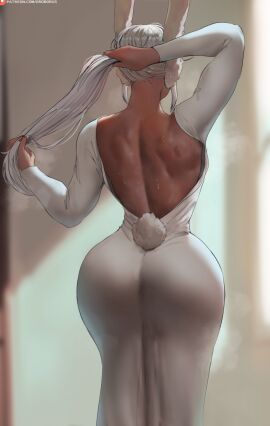 animal_humanoid ass backless_dress backless_outfit big_butt biped blurred_background bodily_fluids clothed clothing dress female fingers hair hi_res humanoid lagomorph lagomorph_humanoid leporid_humanoid mammal mammal_humanoid miruko my_hero_academia oroborus oroborusart rabbit_humanoid rear_view rumi_usagiyama solo standing sweat tail text thick_thighs