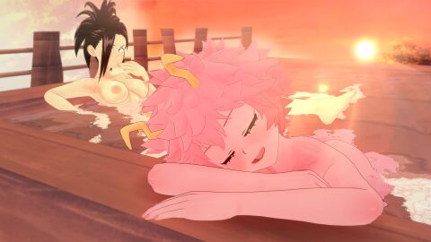 3d boku_no_hero_academia cel_shading cybrokrimson female mina_ashido momo_yaoyorozu my_hero_academia onsen pink_body pink_hair